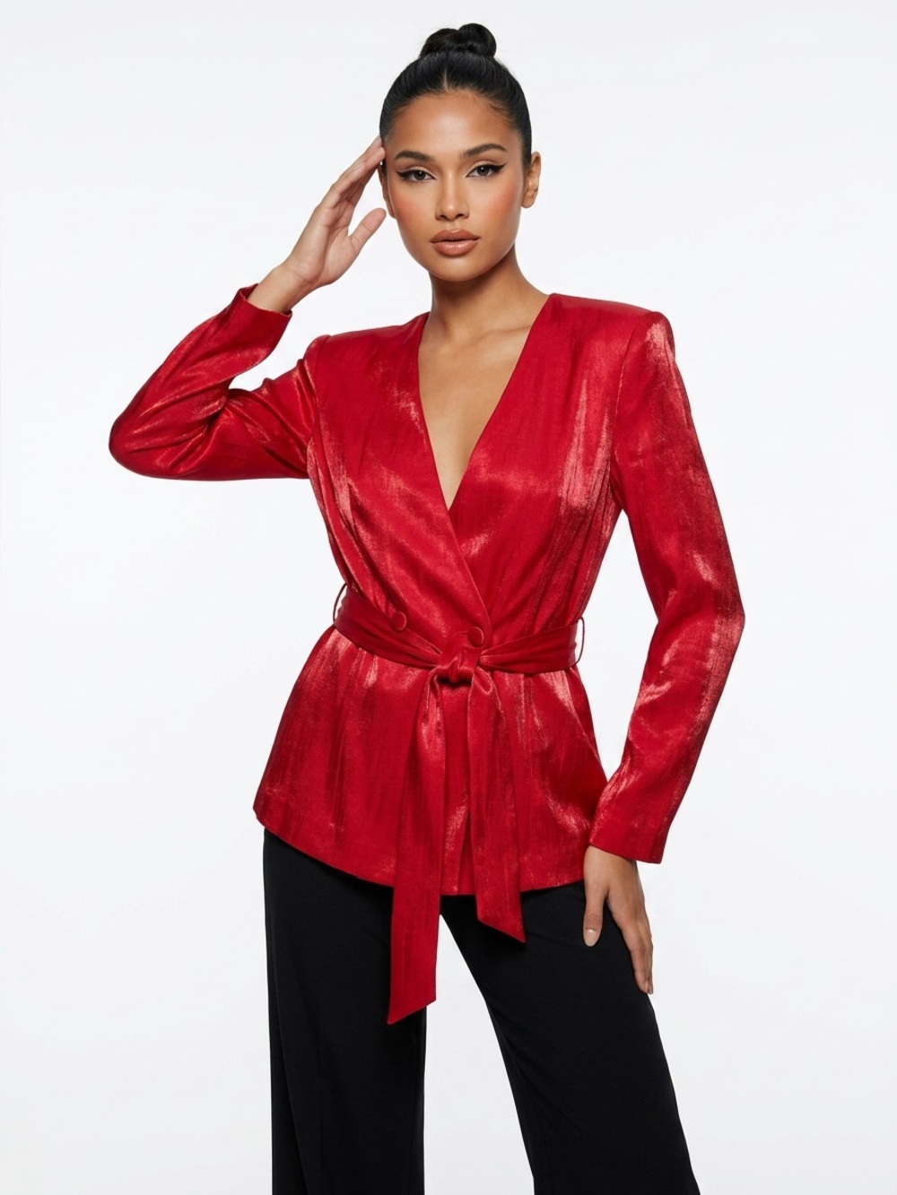 NWT Zara Women’s Glossy Hot Pink Wrap Crinkle Shimmer Blazer Jacket Tie Belt M